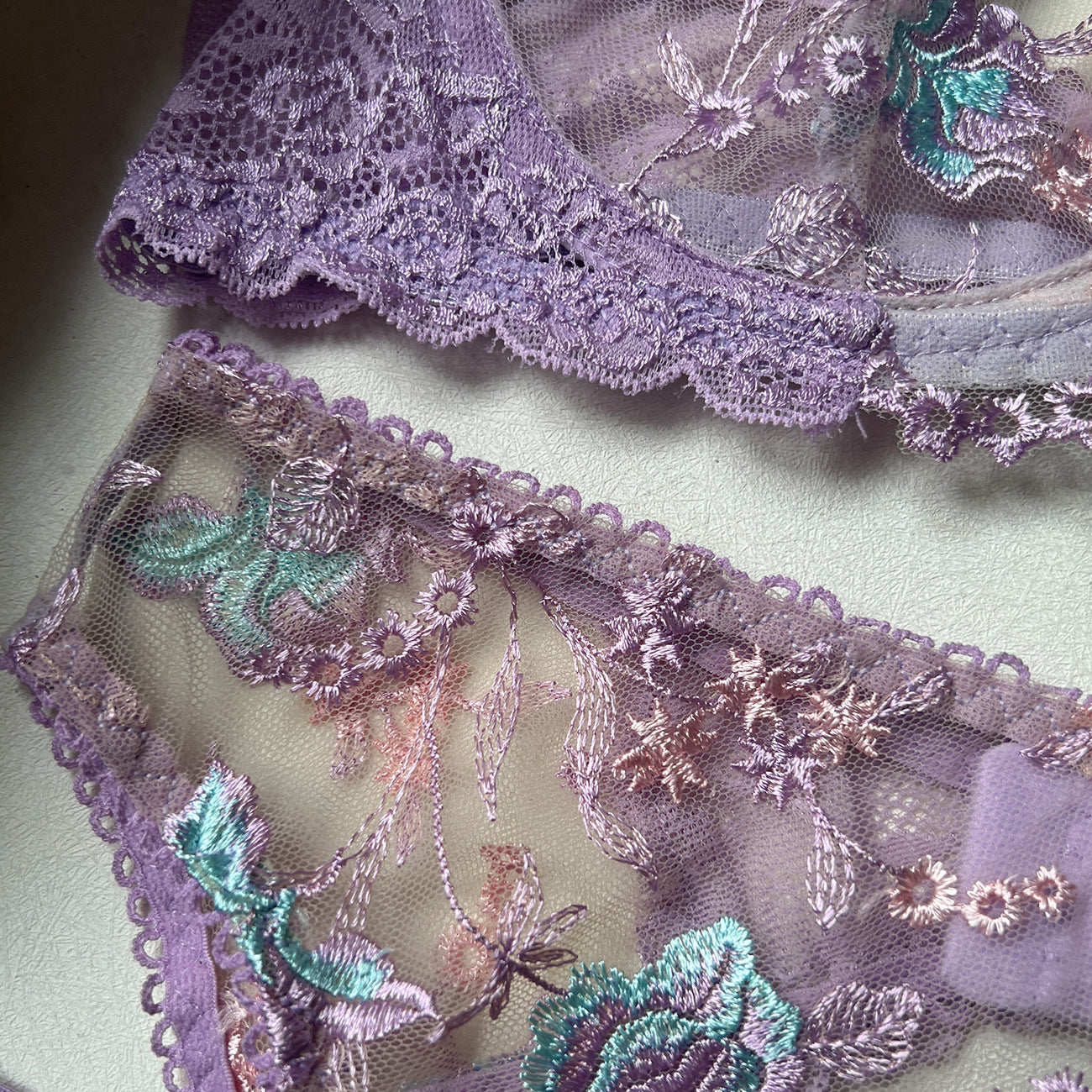 Lavender Garden lilac Floral Embroidered Lingerie Set