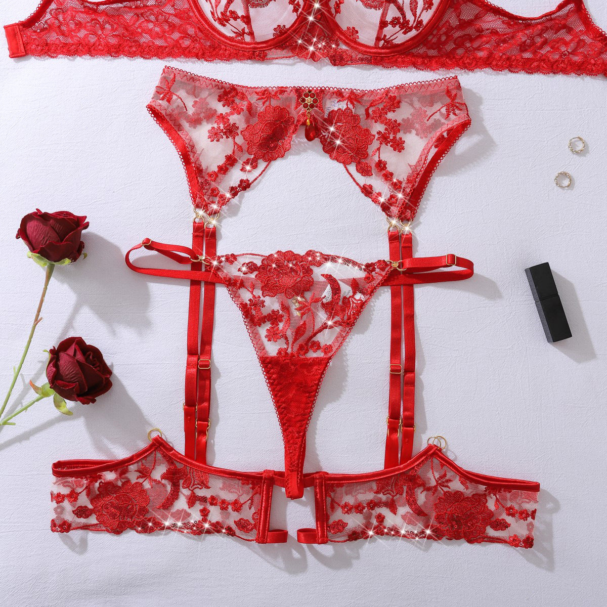 Scarlet Seduction Floral Burlesque Lingerie Set
