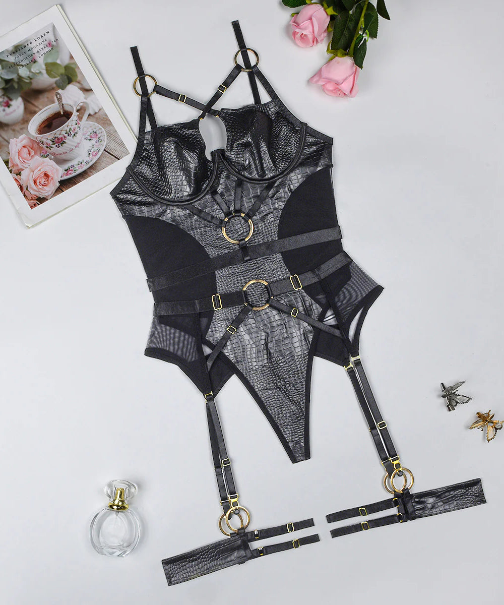 Midnight Venom Faux Croc Leather Strappy Bodysuit Set