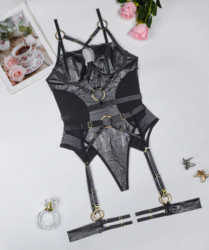 Midnight Venom Faux Croc Leather Strappy Bodysuit Set