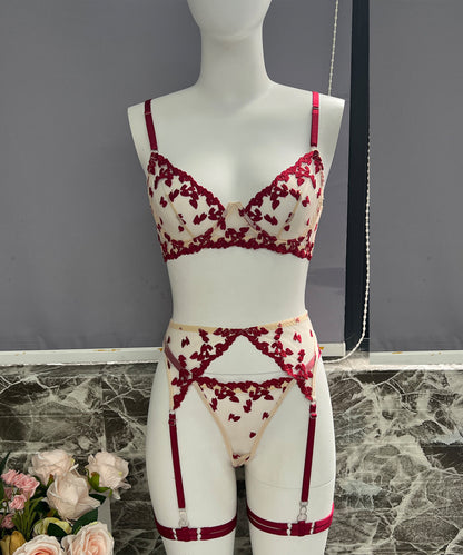 Crimson Bloom Heart Embroidered Lingerie Set