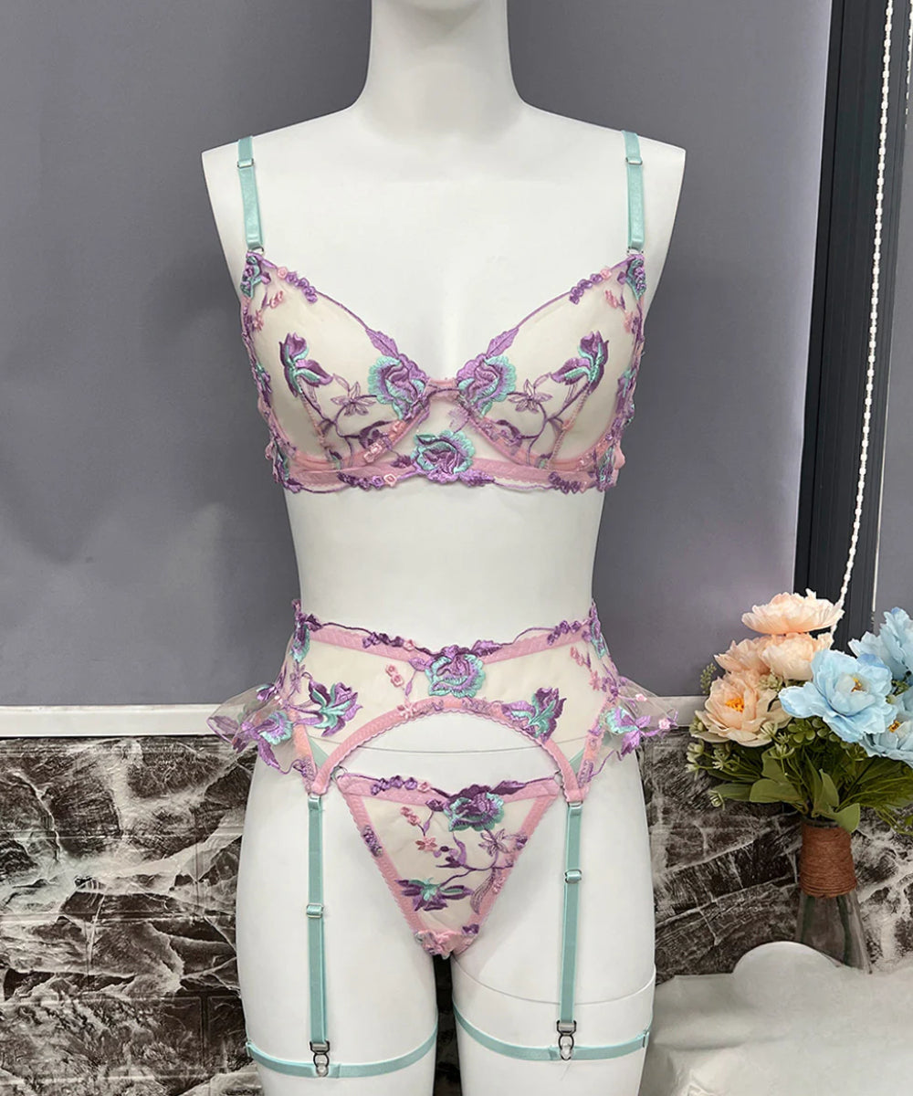 Whispering Petals Floral Embroidered Lingerie Set