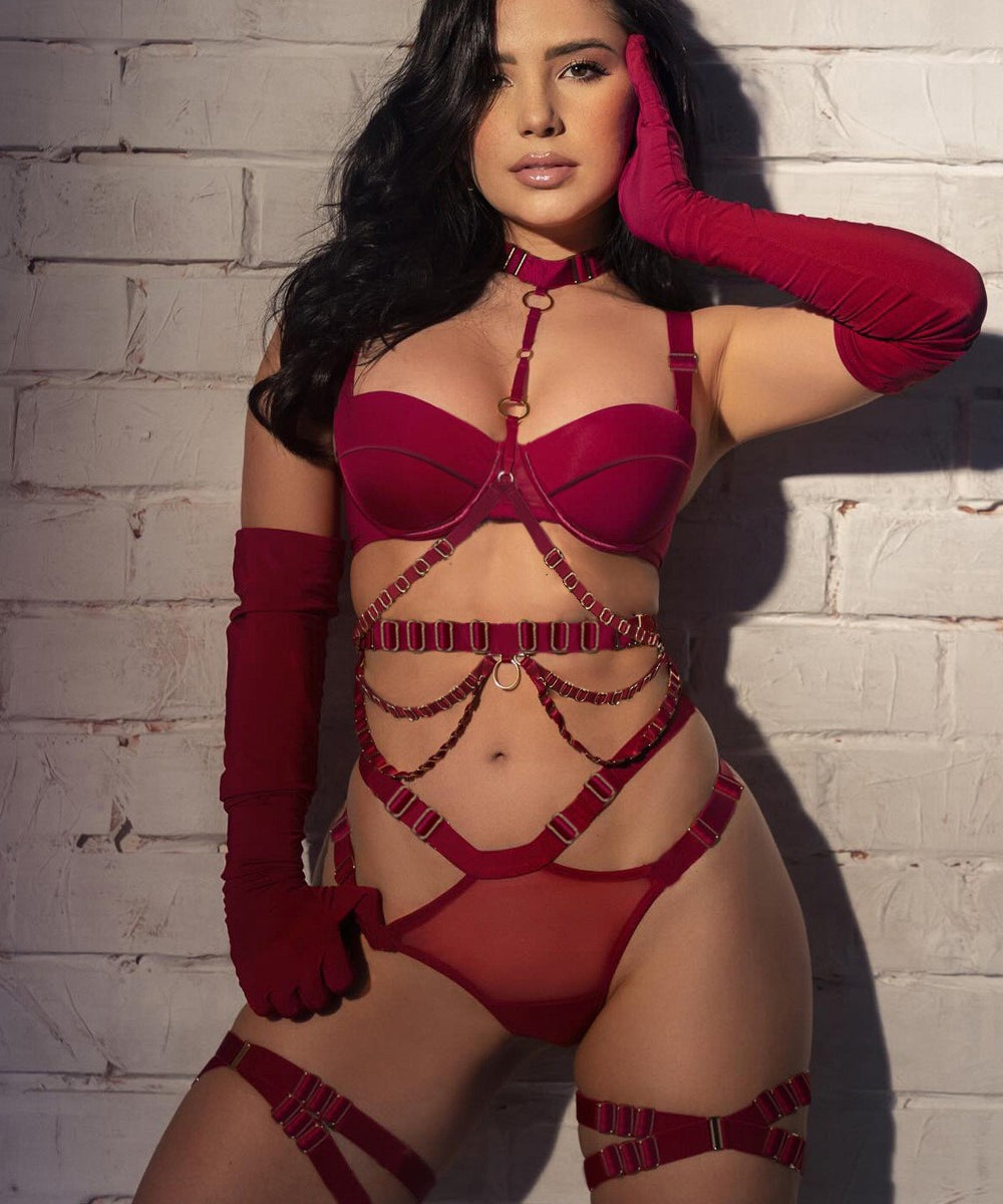 Crimson Desire Strappy Lingerie Set
