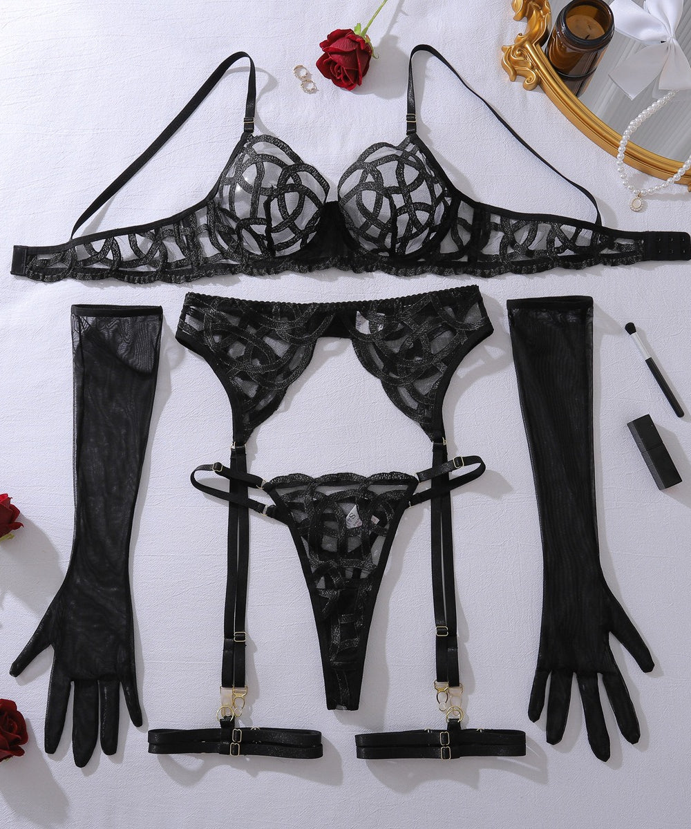 Midnight Enigma Embroidered Lingerie Set