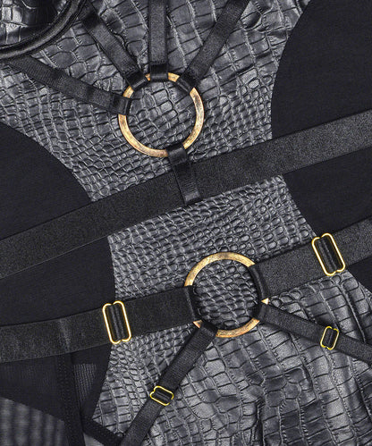 Midnight Venom Faux Croc Leather Strappy Bodysuit Set