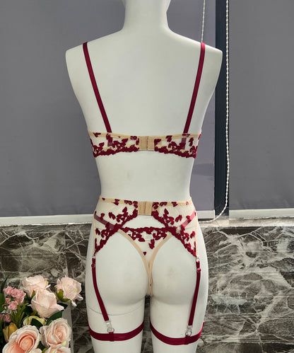 Crimson Bloom Heart Embroidered Lingerie Set