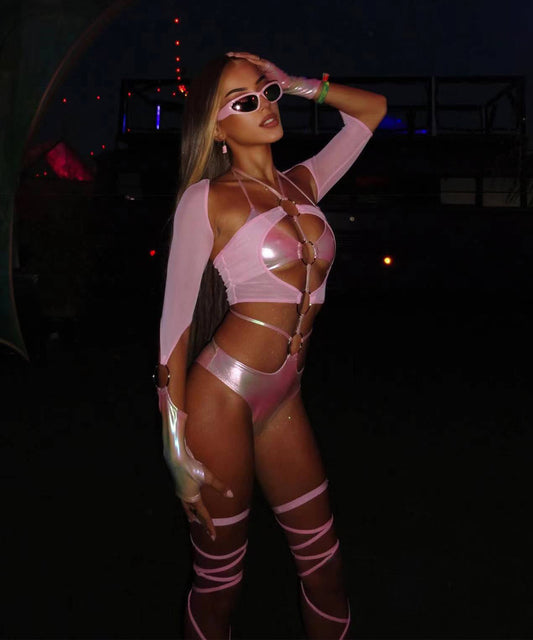 Cosmic Bloom Metallic Pink Lingerie Set