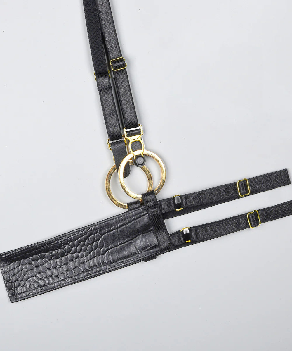 Midnight Venom Faux Croc Leather Strappy Bodysuit Set