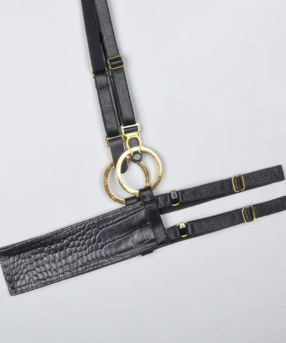 Midnight Venom Faux Croc Leather Strappy Bodysuit Set