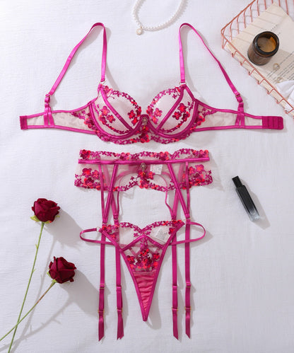 Fuchsia Bloom Embroidered Lingerie Set with Gemstone Charm