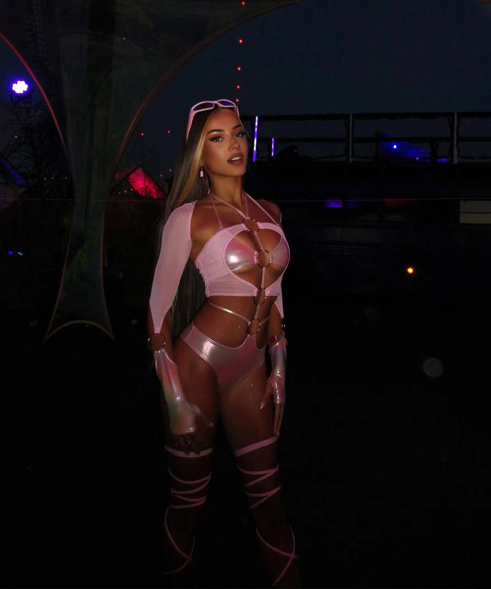 Cosmic Bloom Metallic Pink Lingerie Set