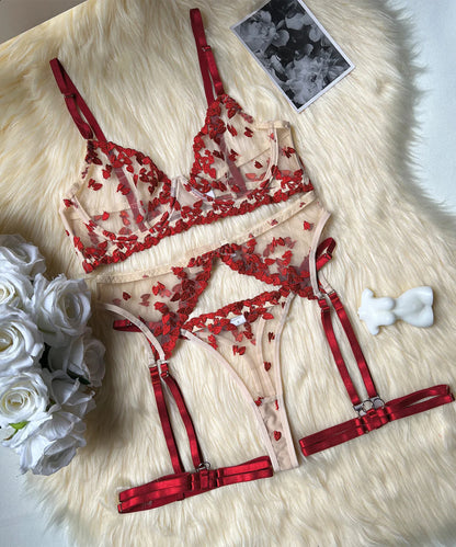 Crimson Bloom Heart Embroidered Lingerie Set