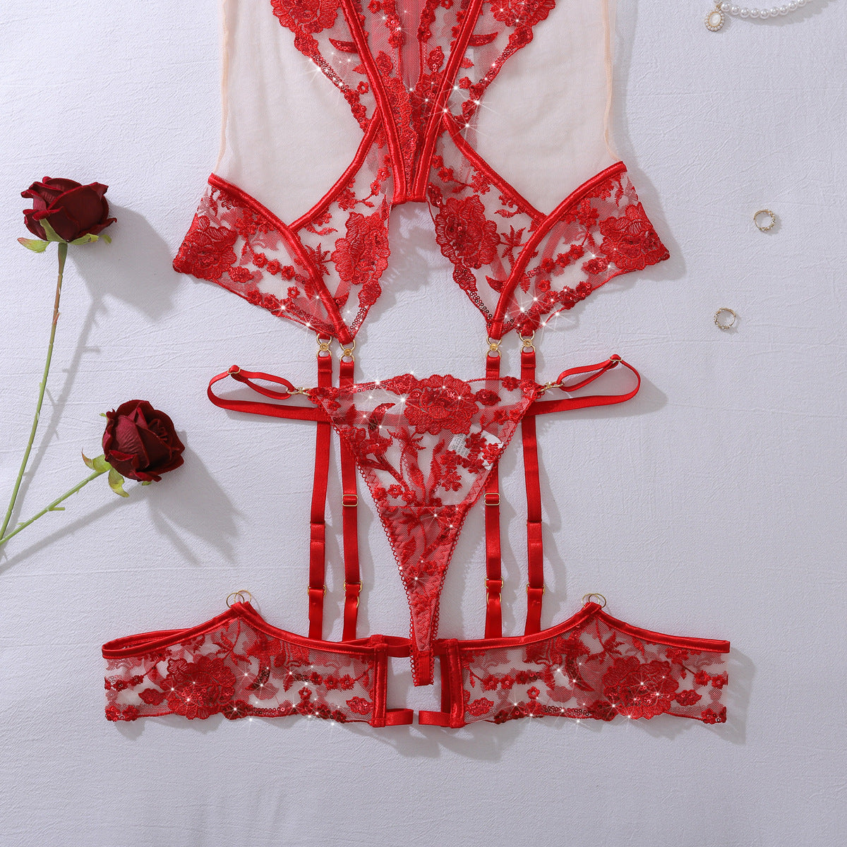 Scarlet Seduction Floral Burlesque Bustier Set (Red & Black)