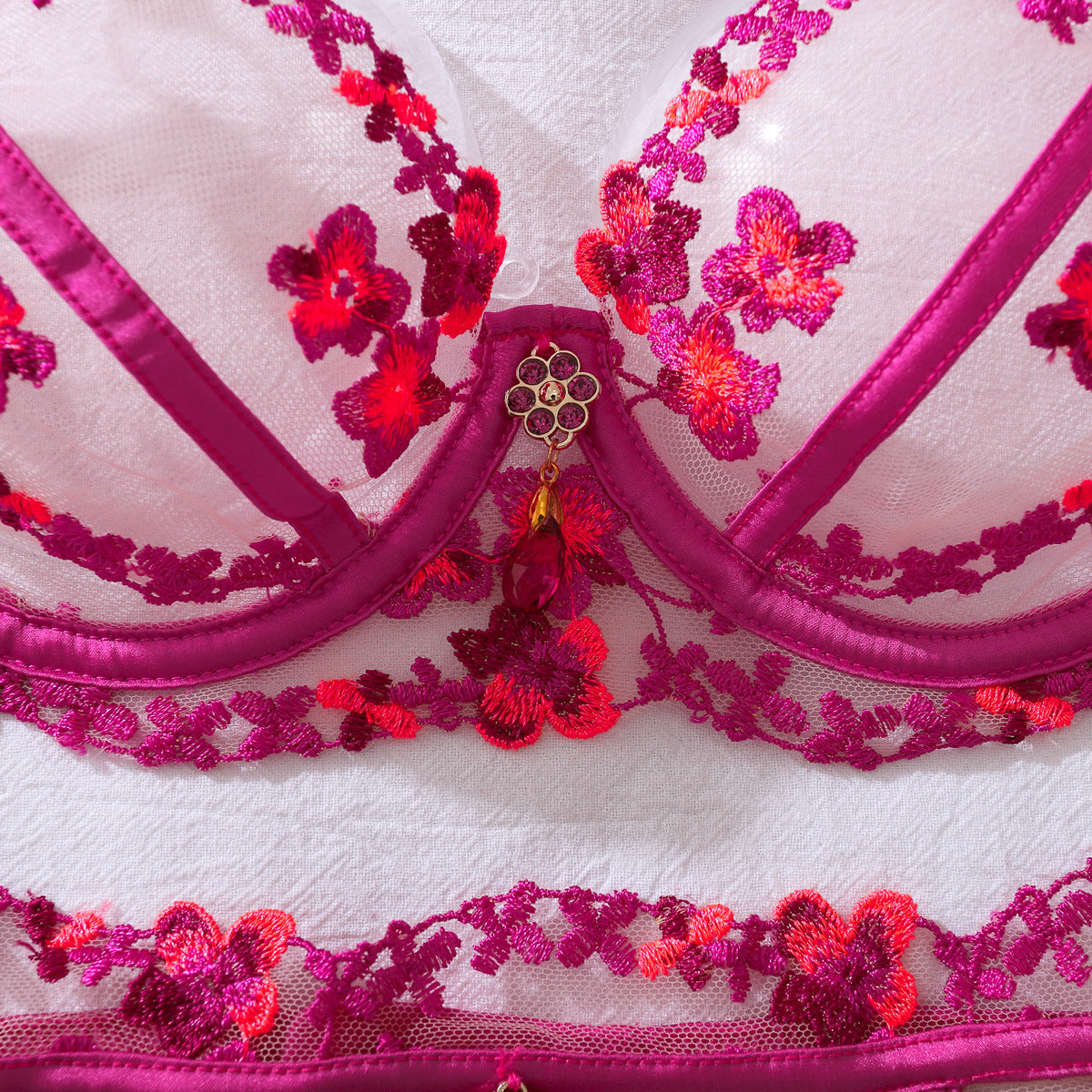 Fuchsia Bloom Embroidered Lingerie Set with Gemstone Charm
