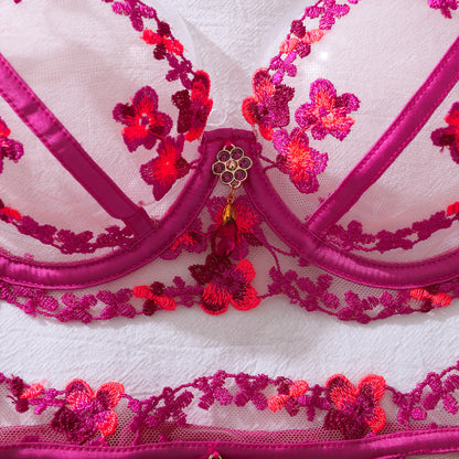 Fuchsia Bloom Embroidered Lingerie Set with Gemstone Charm