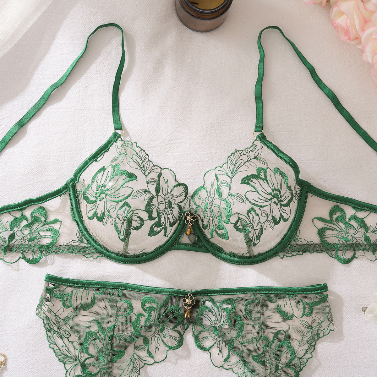Emerald Enchantment Embroidered Lingerie Set