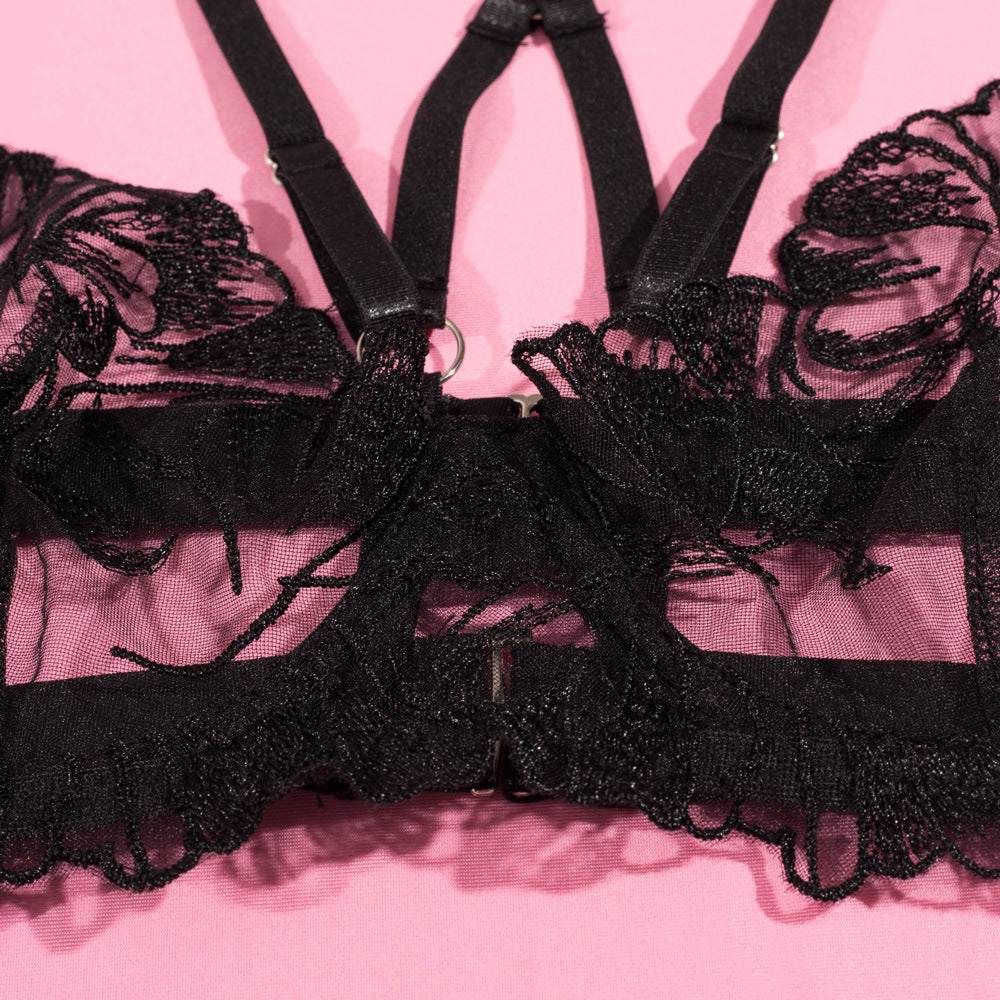 Obsidian Bloom Embroidered Harness Lingerie Set