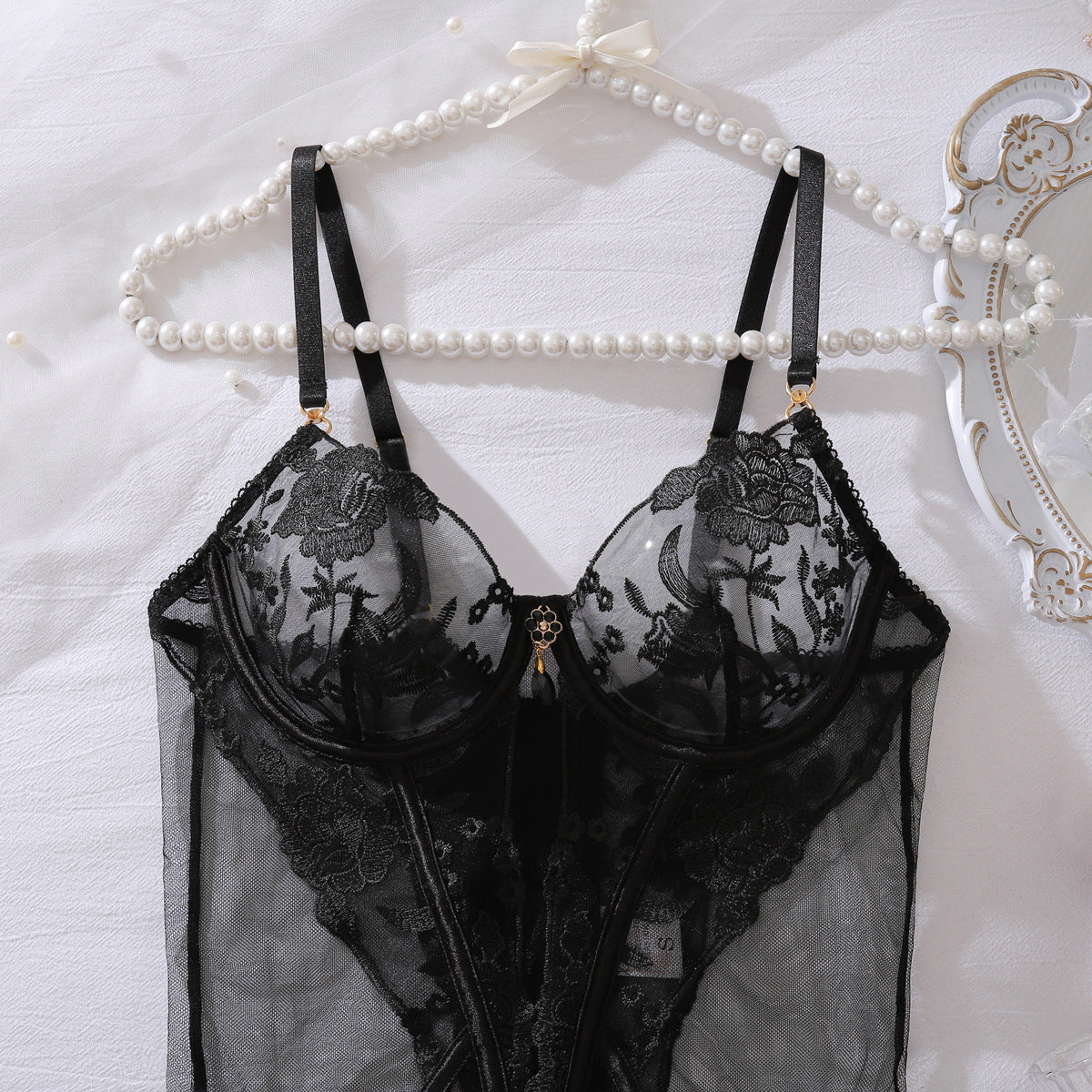 Scarlet Seduction Floral Burlesque Bustier Set (Red & Black)