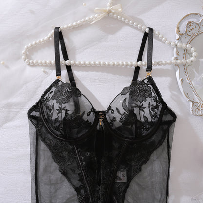 Scarlet Seduction Floral Burlesque Bustier Set (Red & Black)