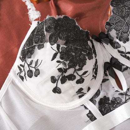 Moonlight Rose Embroidered Bustier Set (White & Hot Pink)