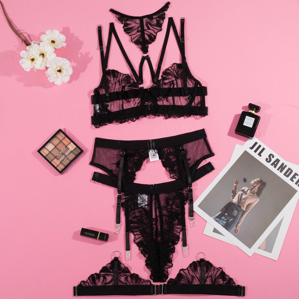 Obsidian Bloom Embroidered Harness Lingerie Set