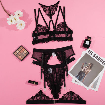 Obsidian Bloom Embroidered Harness Lingerie Set