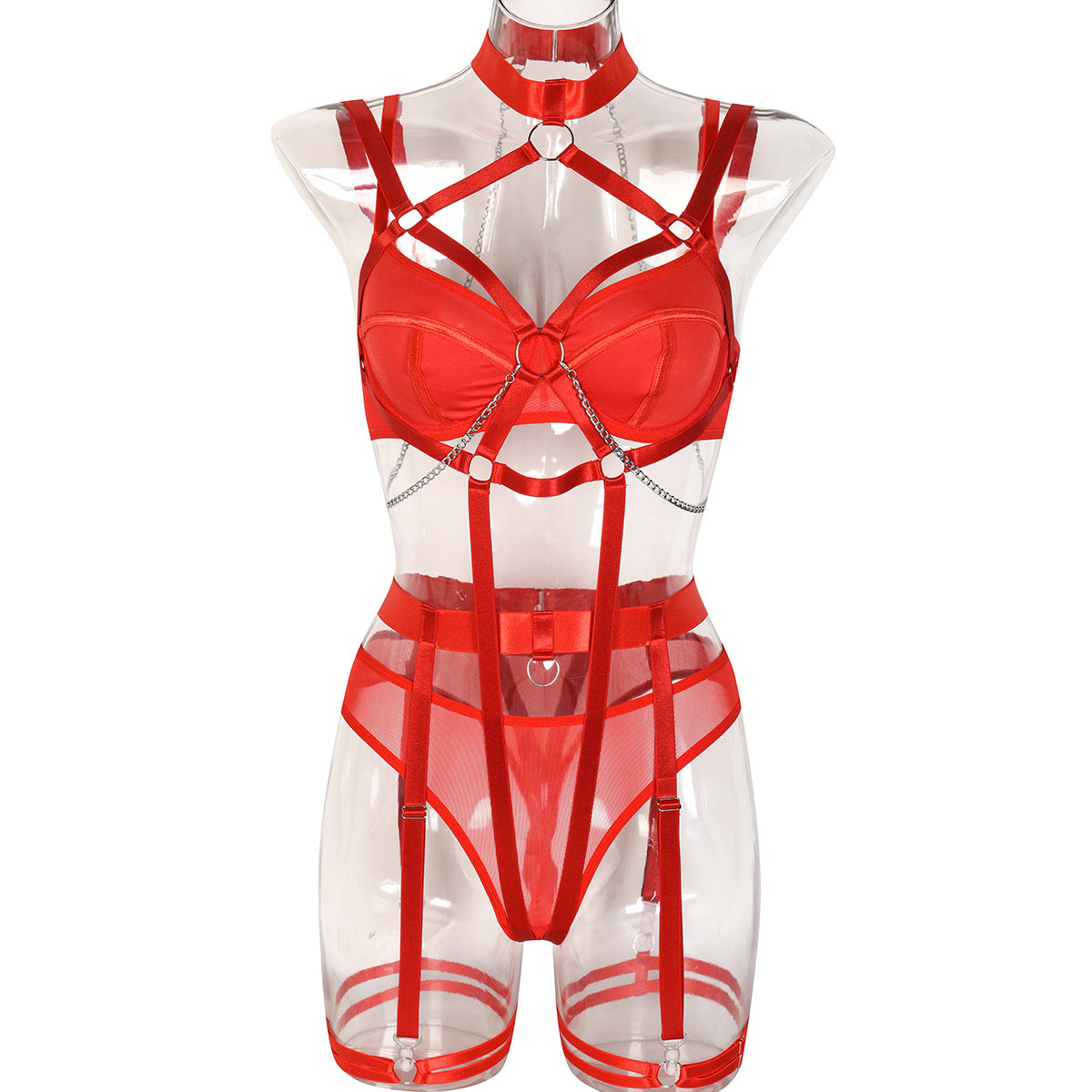 Seductress Symphony Strappy Chain lingerie Set (Black & Red)