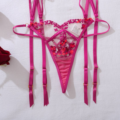 Fuchsia Bloom Embroidered Lingerie Set with Gemstone Charm