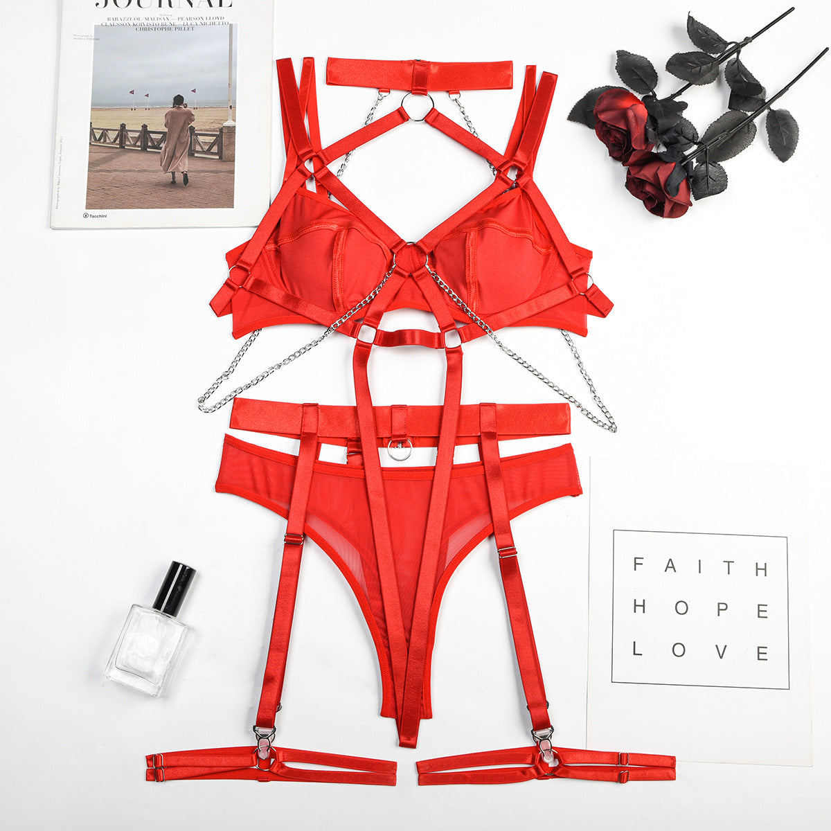 Seductress Symphony Strappy Chain lingerie Set (Black & Red)