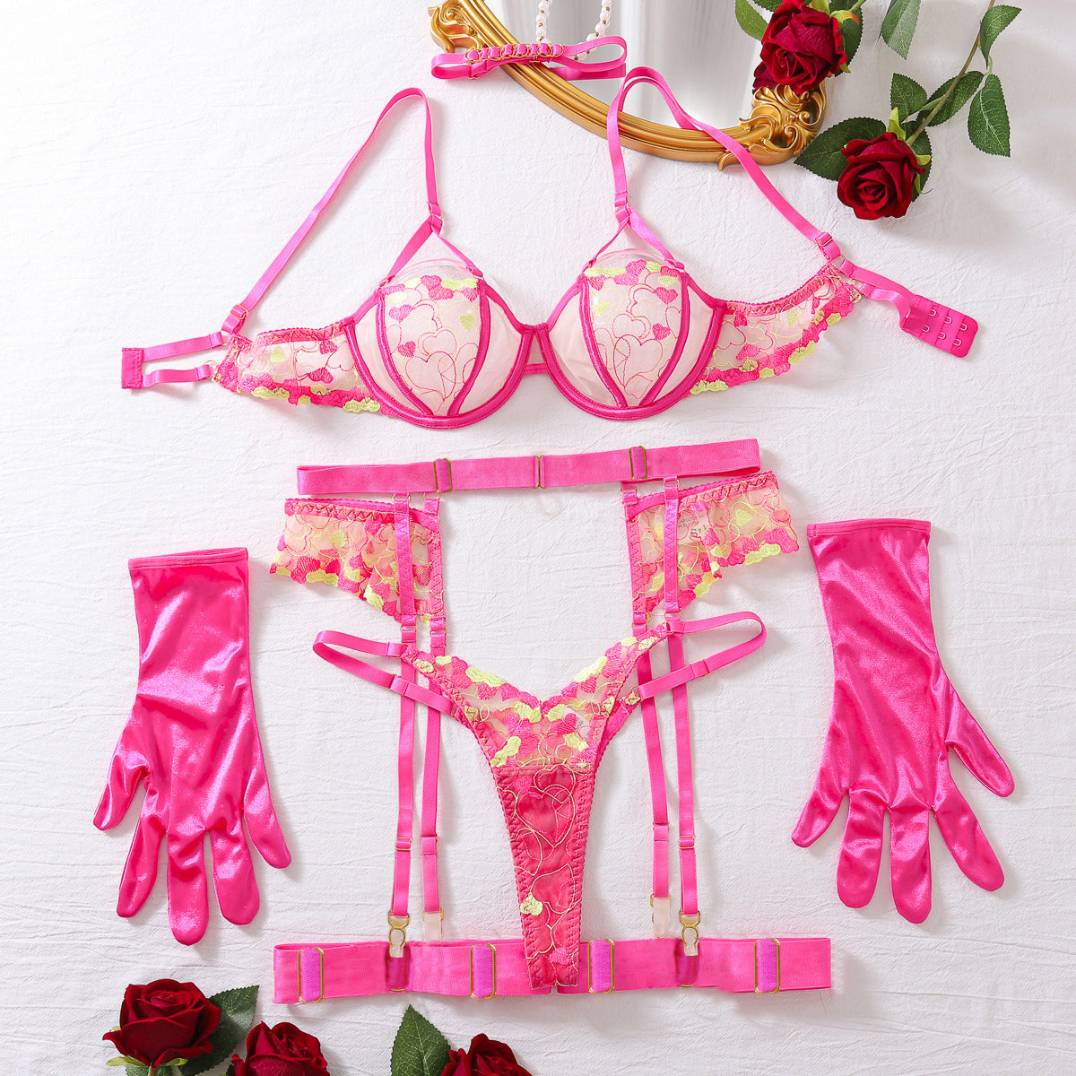 Radiant Romance Hot Pink Embroidered Lingerie Set