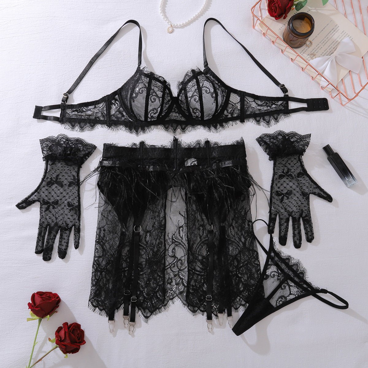 Enchanted Grace Feather & Lace Lingerie Set