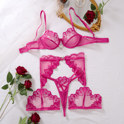 Crimson Desire Heart Embroidery Lingerie Set