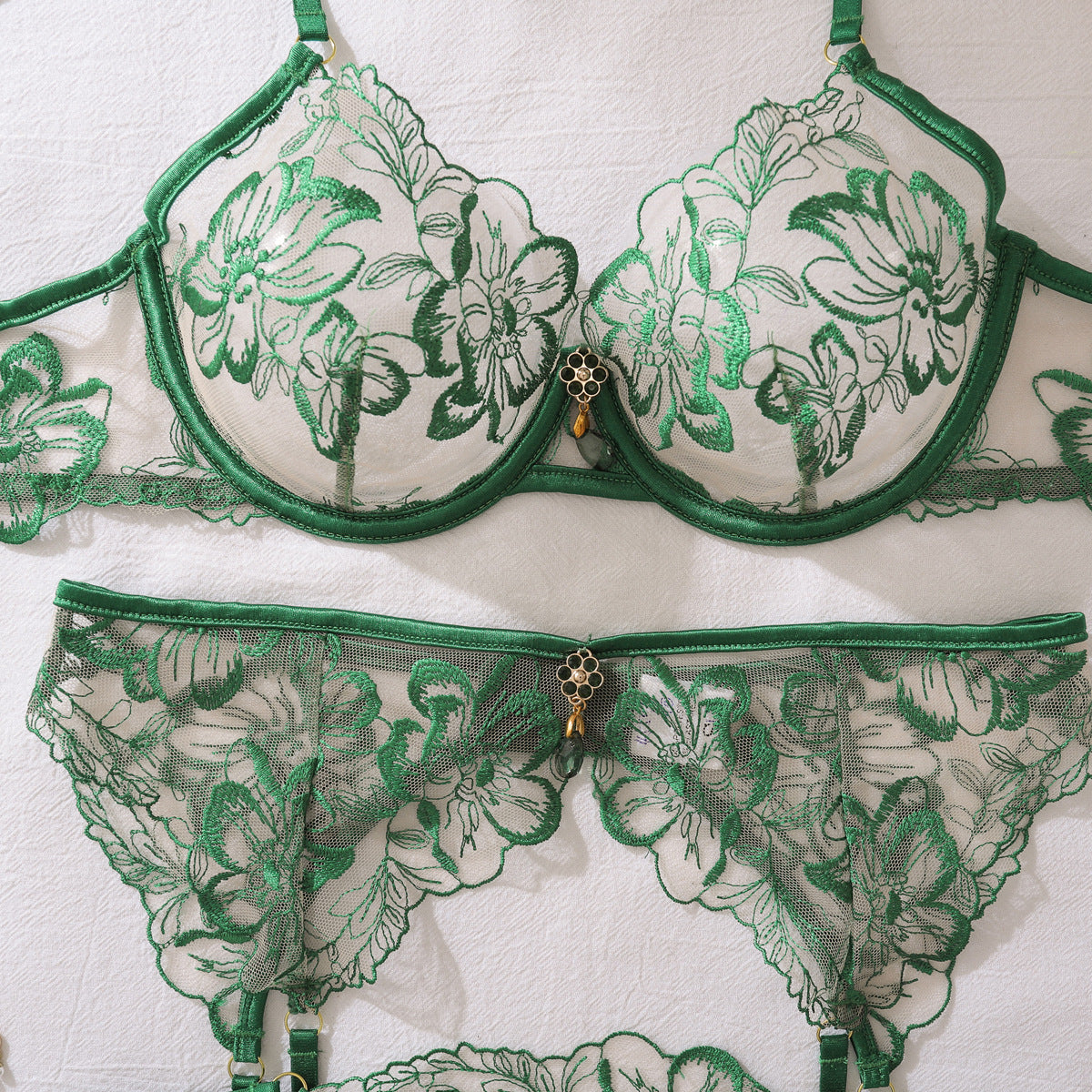 Emerald Enchantment Embroidered Lingerie Set