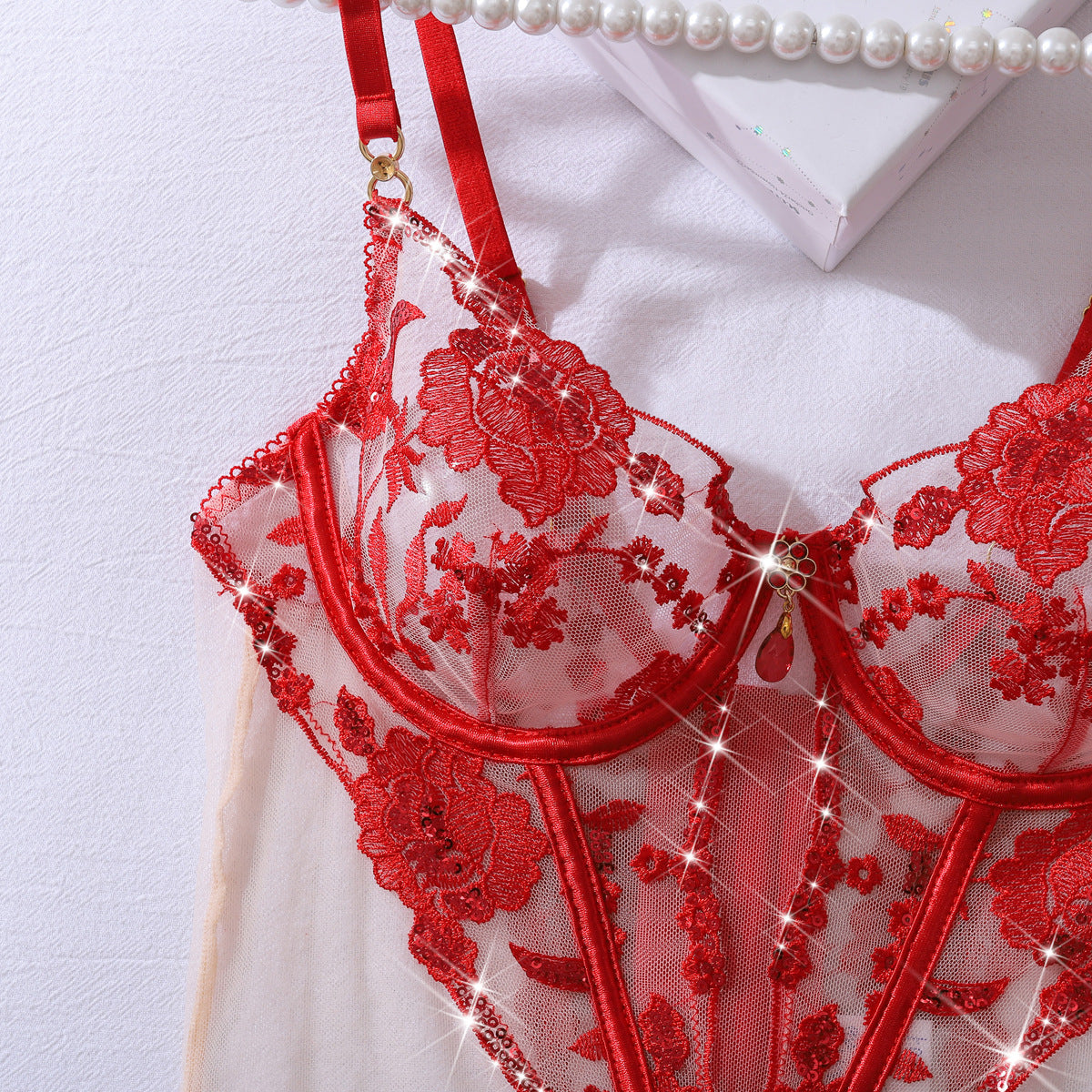 Scarlet Seduction Floral Burlesque Bustier Set (Red & Black)