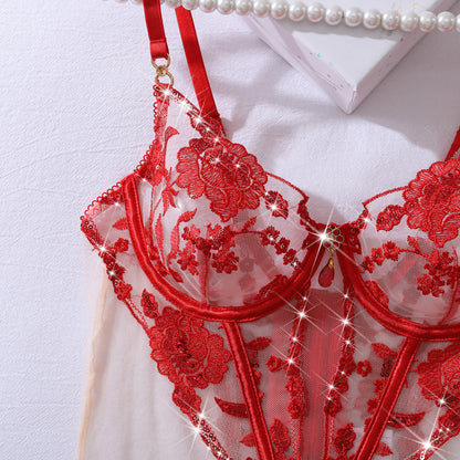 Scarlet Seduction Floral Burlesque Bustier Set (Red & Black)