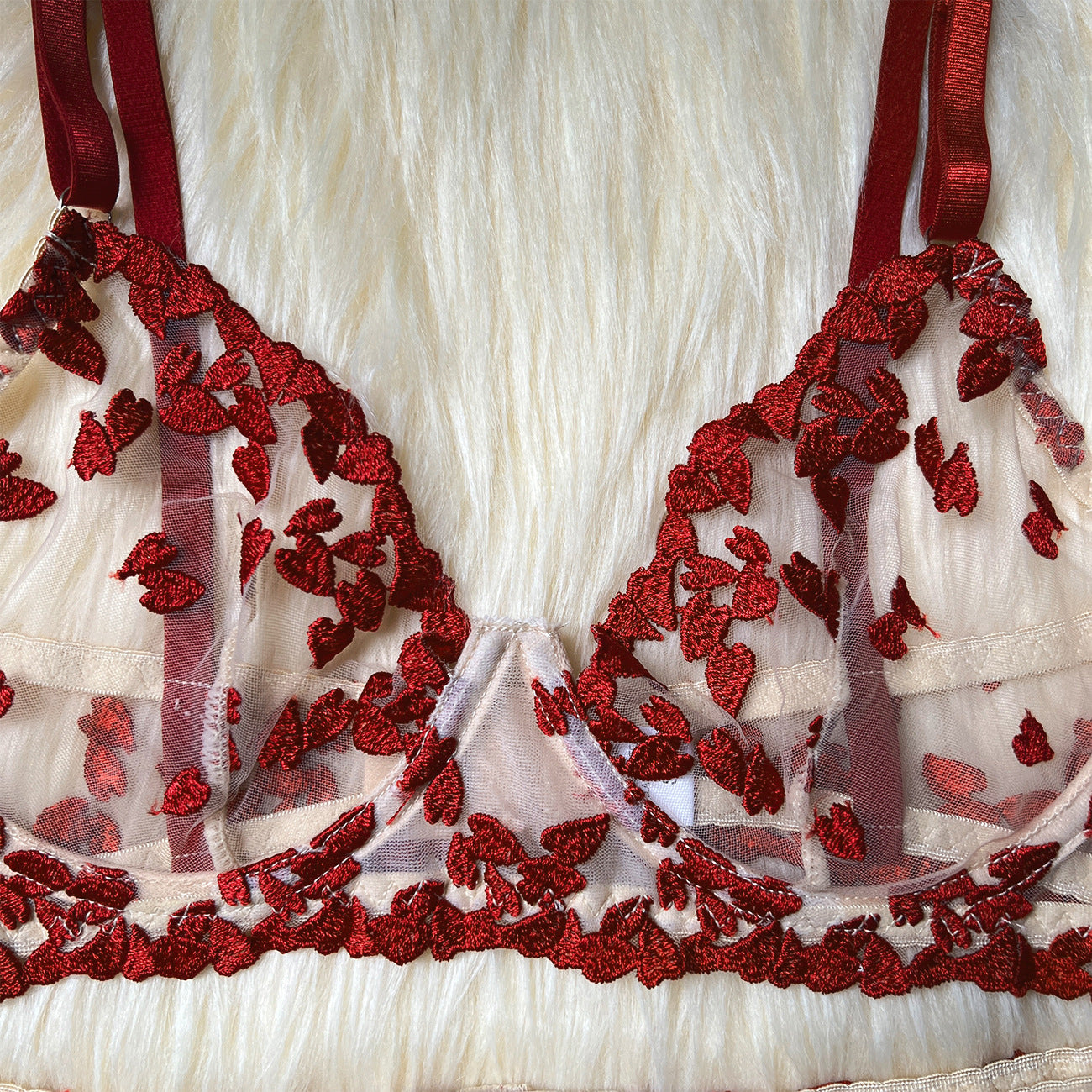 Crimson Bloom Heart Embroidered Lingerie Set