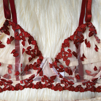 Crimson Bloom Heart Embroidered Lingerie Set