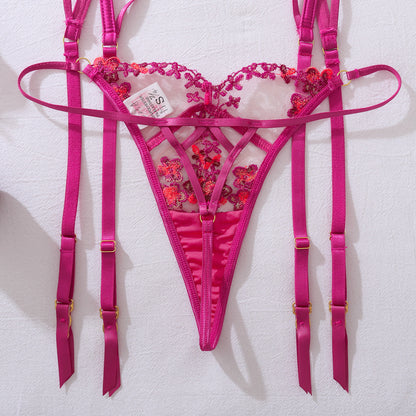 Fuchsia Bloom Embroidered Lingerie Set with Gemstone Charm