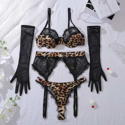 Wild Elegance Leopard Lace Lingerie Set with Gloves