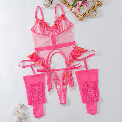 Moonlight Rose Embroidered Bustier Set (White & Hot Pink)