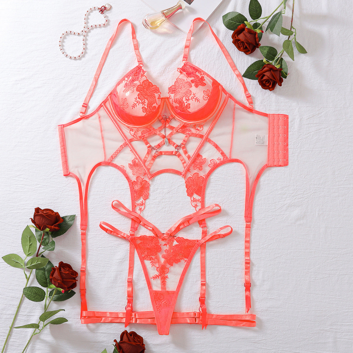 Floral Enigma Embroidered Strappy Bustier Set