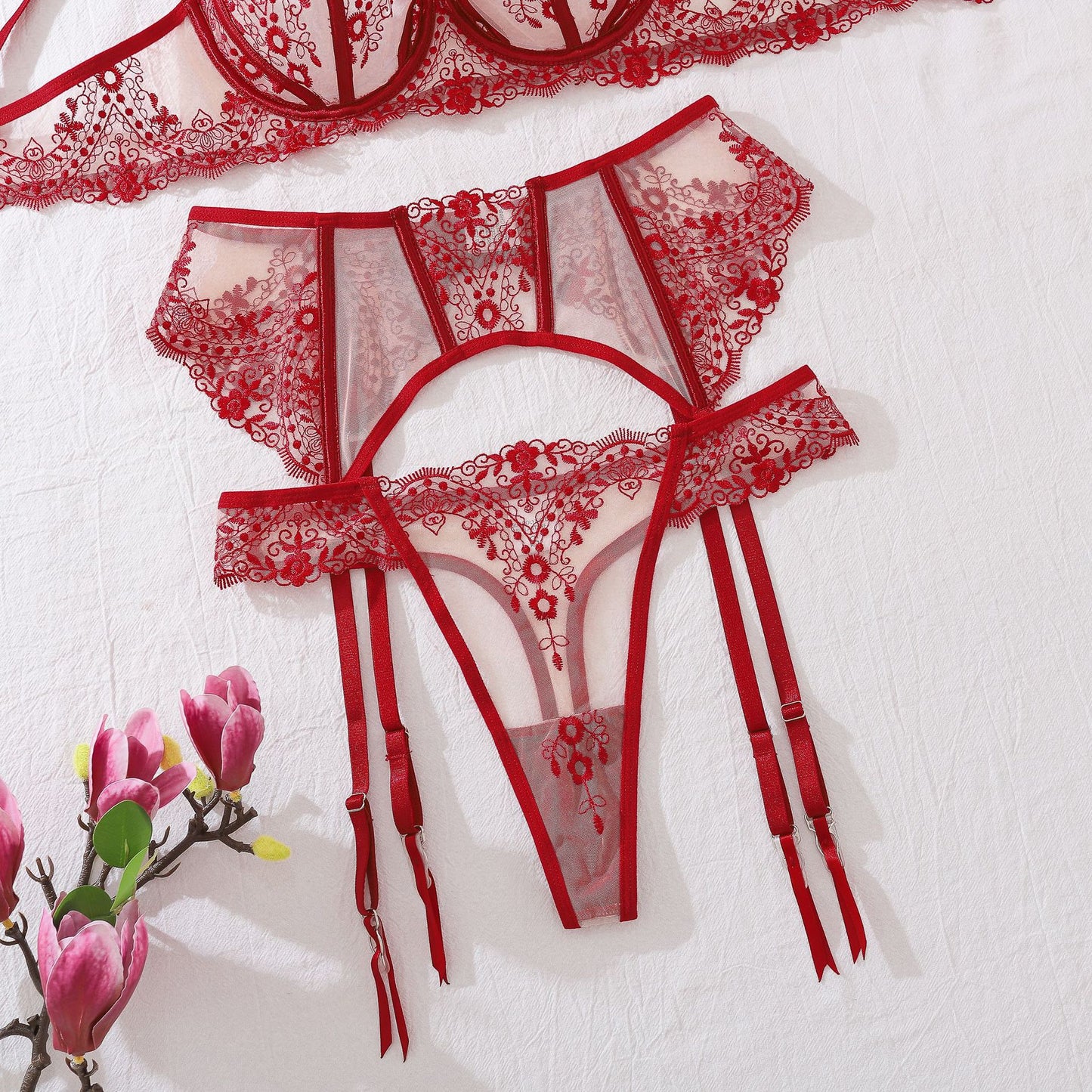 Cabaret Rouge Embroidered Lace Lingerie Set (Black & Red)