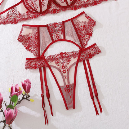 Cabaret Rouge Embroidered Lace Lingerie Set (Black & Red)