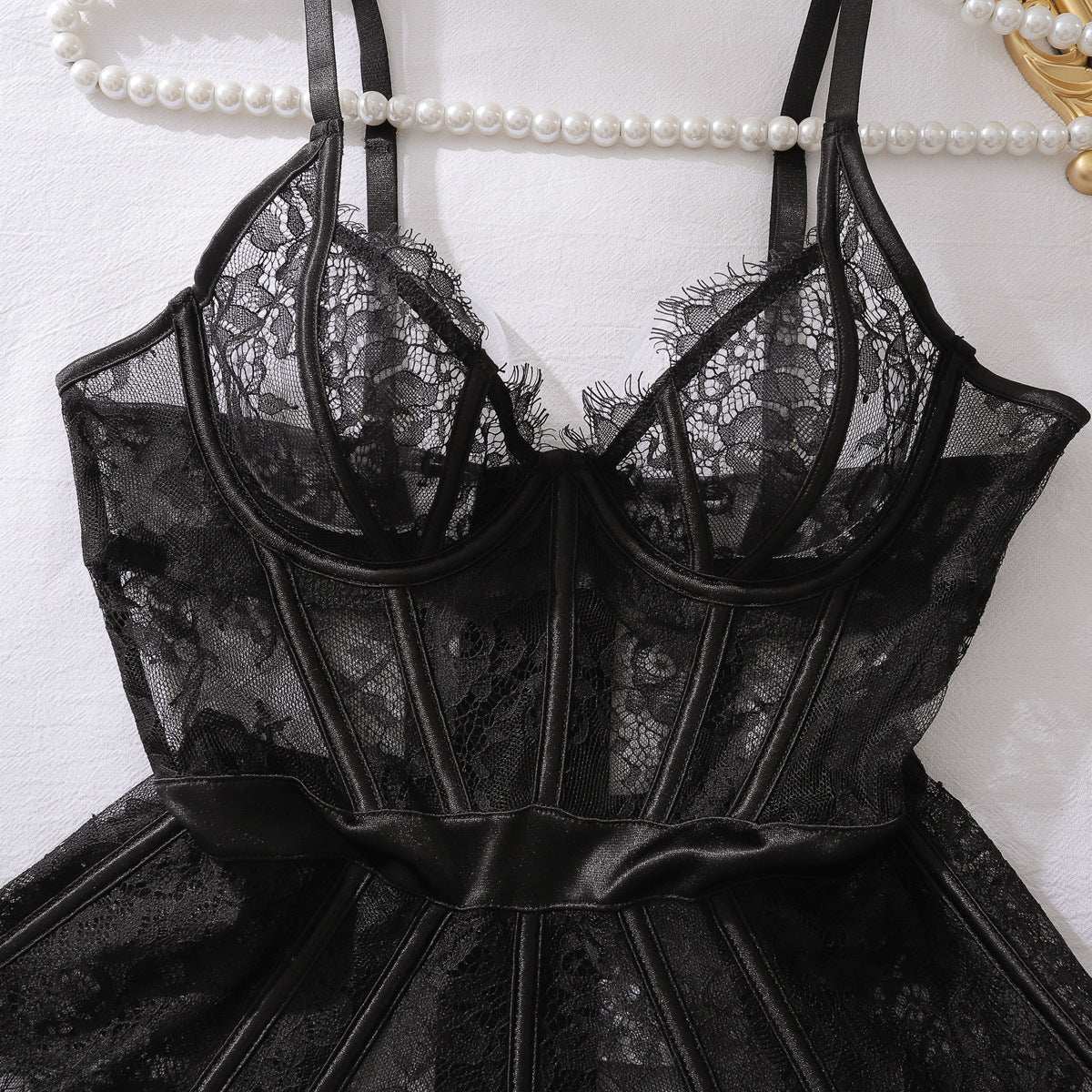 Enchanted Noir Lace Corset Babydoll Dress Set
