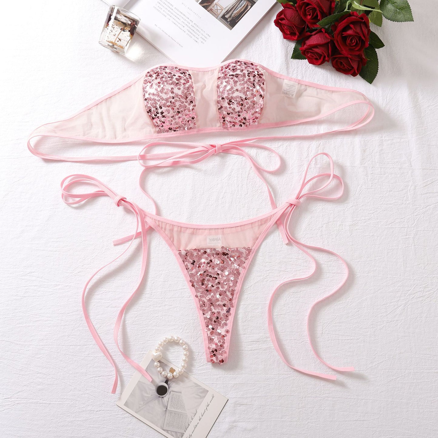Sugar Rush Pink Sequin Tie-Up Lingerie Set