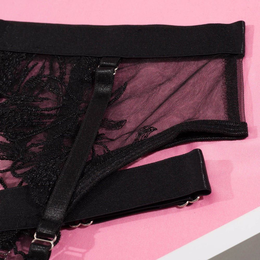 Obsidian Bloom Embroidered Harness Lingerie Set
