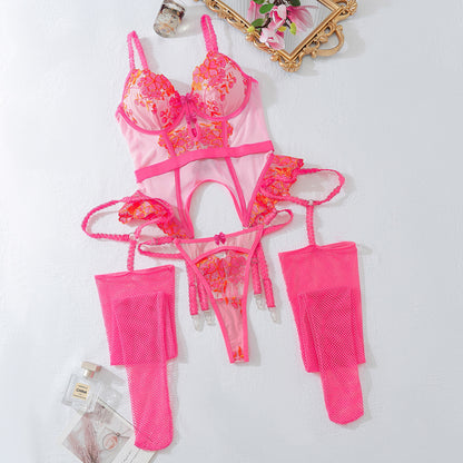 Moonlight Rose Embroidered Bustier Set (White & Hot Pink)
