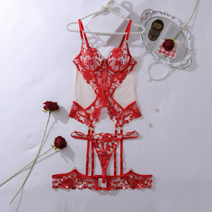Scarlet Seduction Floral Burlesque Bustier Set (Red & Black)