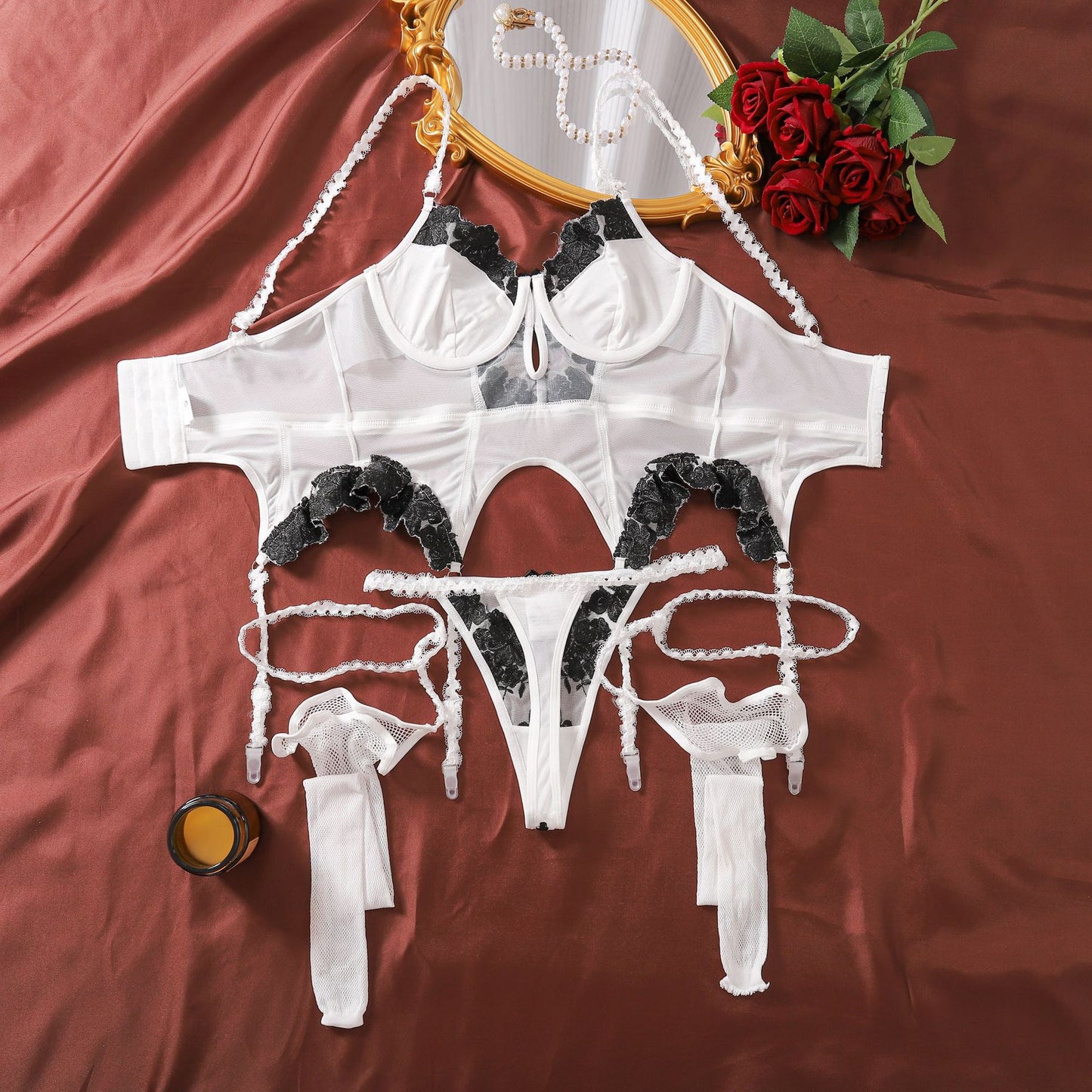 Moonlight Rose Embroidered Bustier Set (White & Hot Pink)