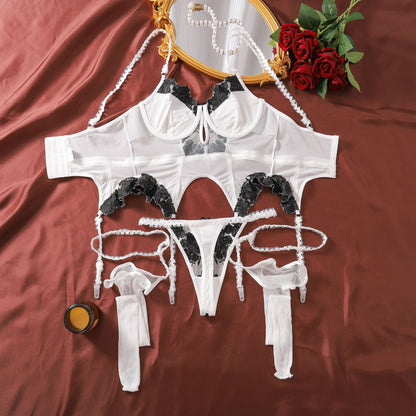 Moonlight Rose Embroidered Bustier Set (White & Hot Pink)